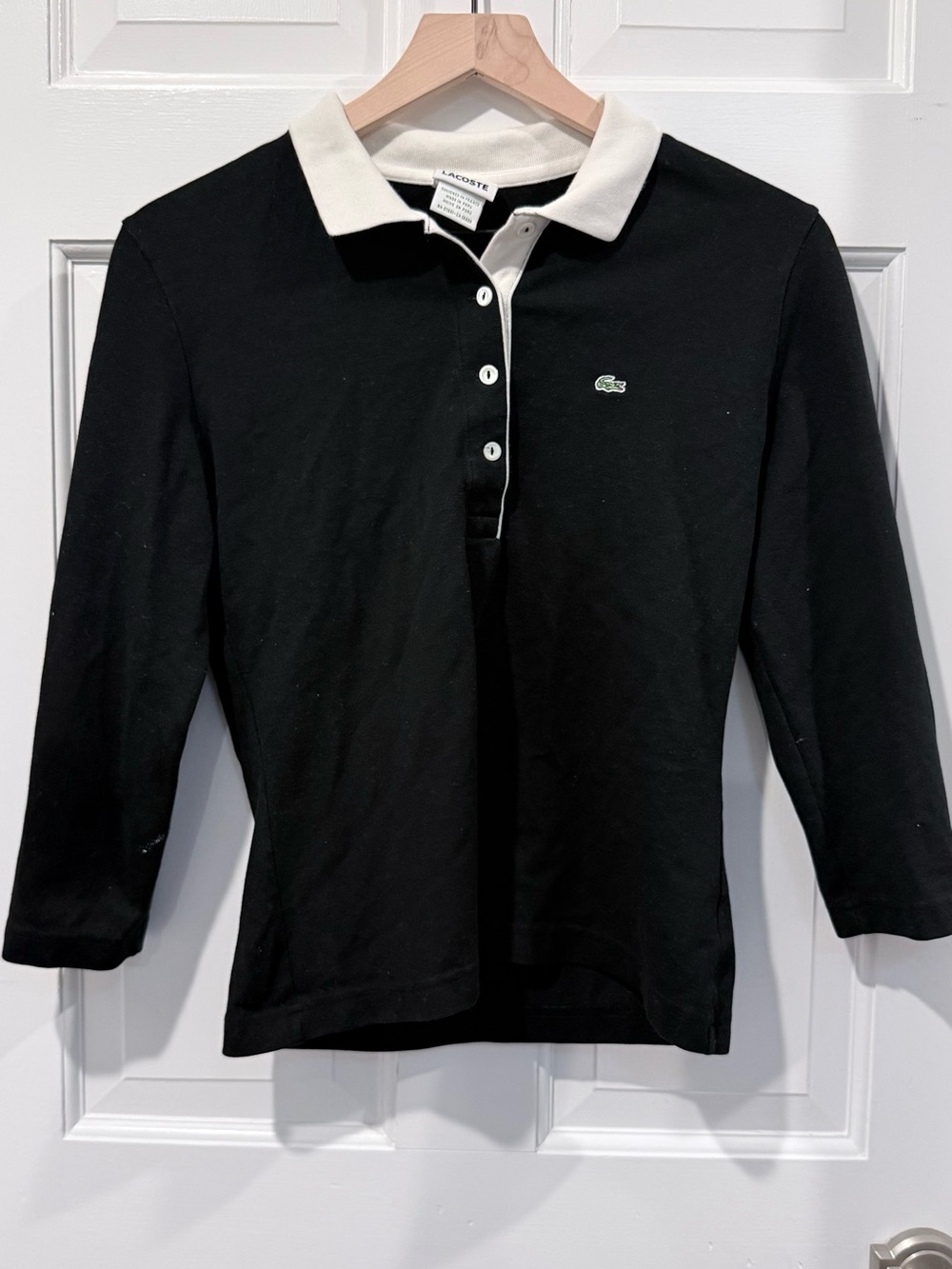 Ladies Vintage Y2K Lacoste Polo Black Polo Shirt with White Collar